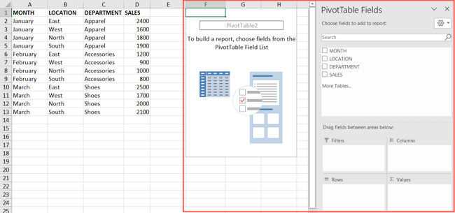 Pivot table sidebar to build the table