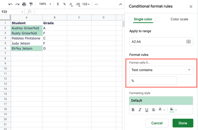 Text Contains conditional formatting rule in Google Sheets