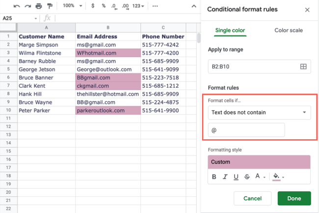 Text Does Not Contain conditional formatting rule in Google Sheets