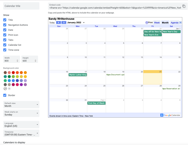 Embed Code preview of Google Calendar