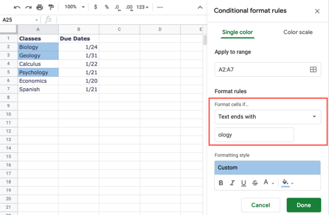 Text Ends With conditional formatting rule in Google Sheets