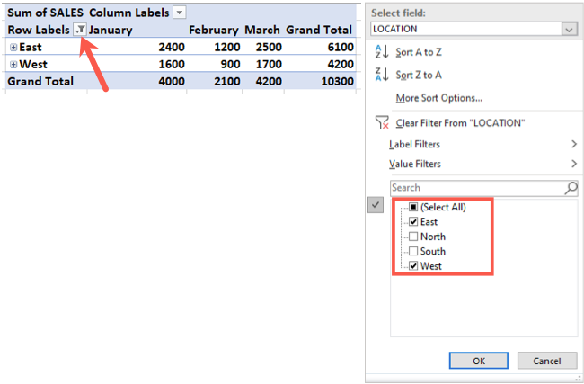 Filter a column in the pivot table