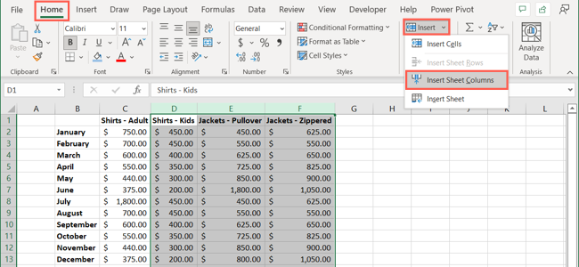 Insert multiple columns in Excel
