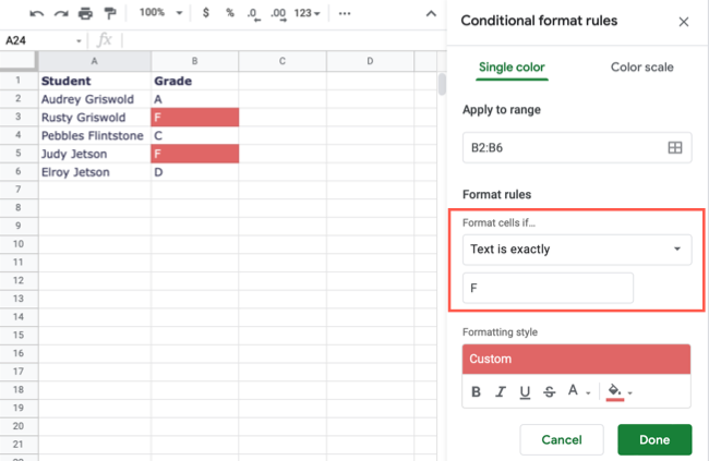 Text Is Exactly conditional formatting rule in Google Sheets