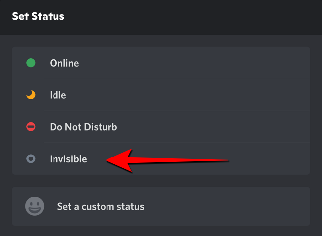 Select "Invisible" from the pop-up menu in Discord for mobile.