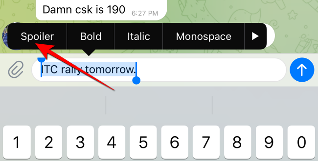 Select "Spoiler" option from formatting menu in Telegram for iPhone.