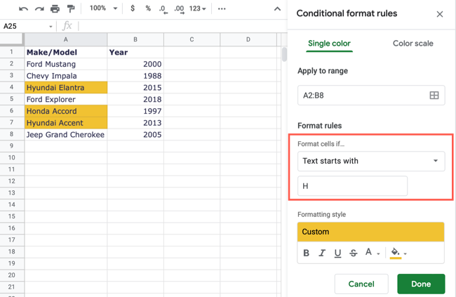 Text Starts With conditional formatting rule in Google Sheets