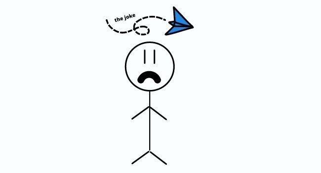 Cartoon stick figure with paper airplane flying with a joke.