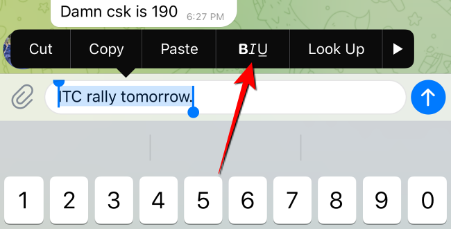 Tap the "BIU" option in formatting options in Telegram for iPhone.