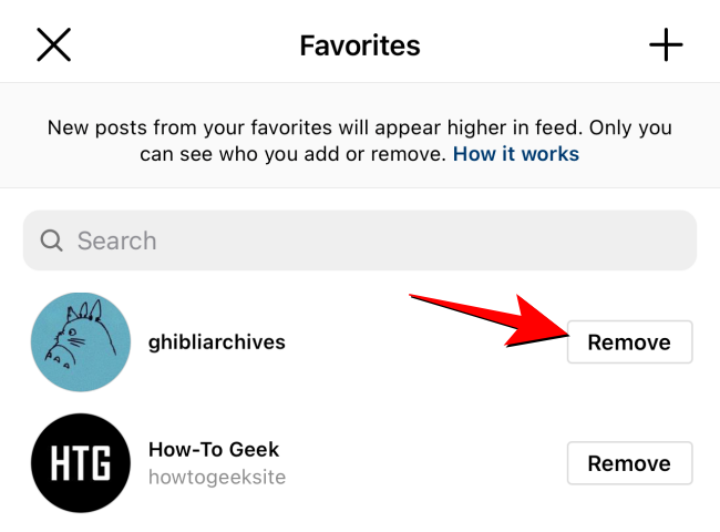 Tap "Remove" button next to the account name to remove a person from Favorites list.