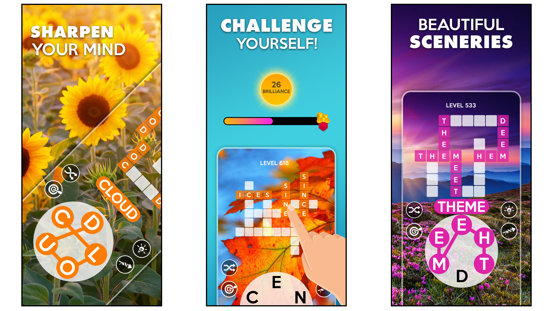 Wordscapes game showing puzzles challenges and unlocked scenery options