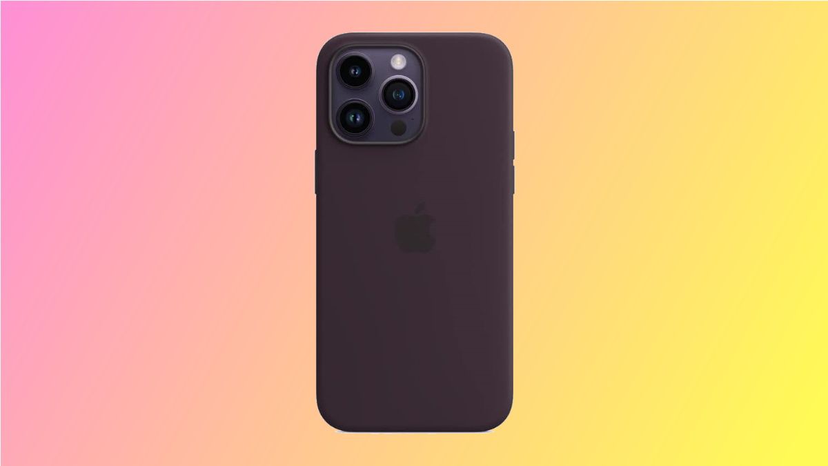 iPhone 14 silicone case on pink and yellow background