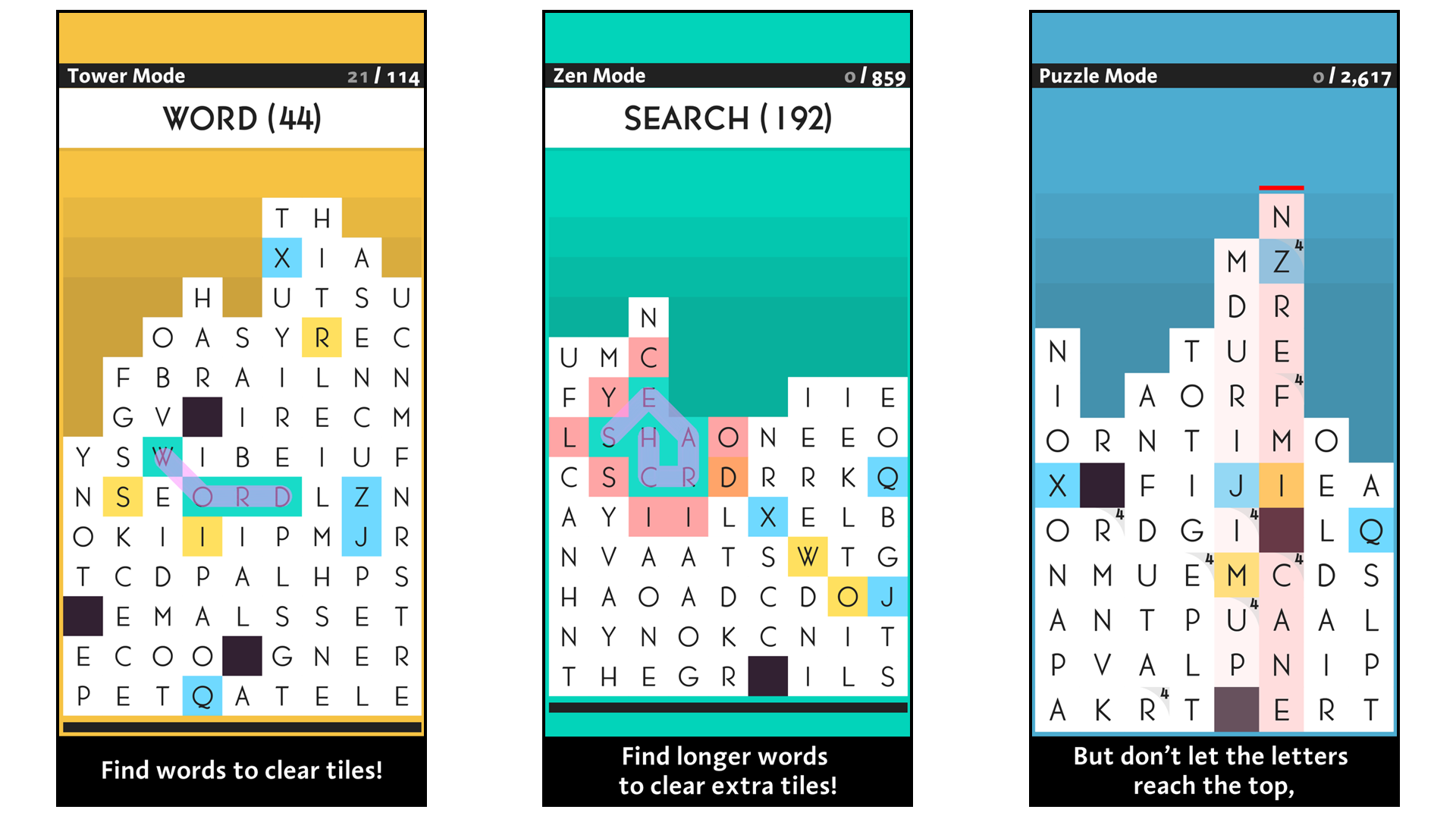 SpellTower app showing puzzles, word options, and different game modes