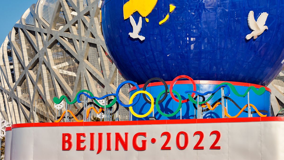 Decorative stand promoting the 2022 Winter Olympics in Beijing, China.