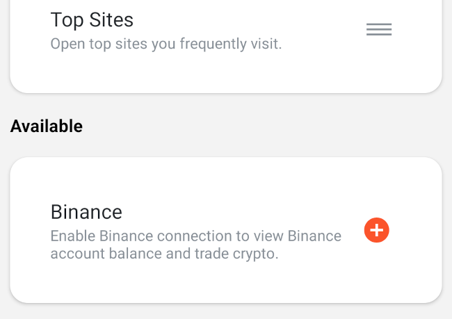 The Binance card removed from the widget stack in Brave mobile.