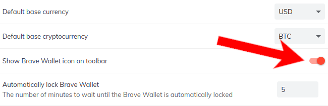 Find the option for showing the Brave Wallet in the toolbar.