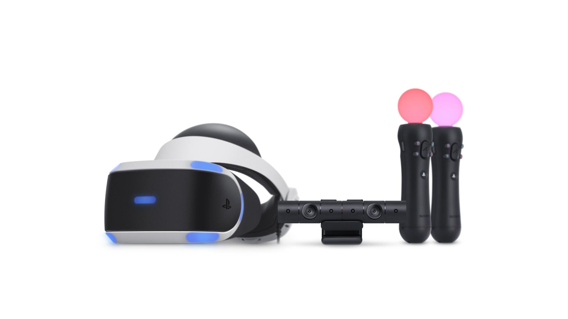 A PlayStation VR headset, a camera, and two wands