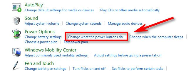 In Control Panel, click "Change what the power buttons do."