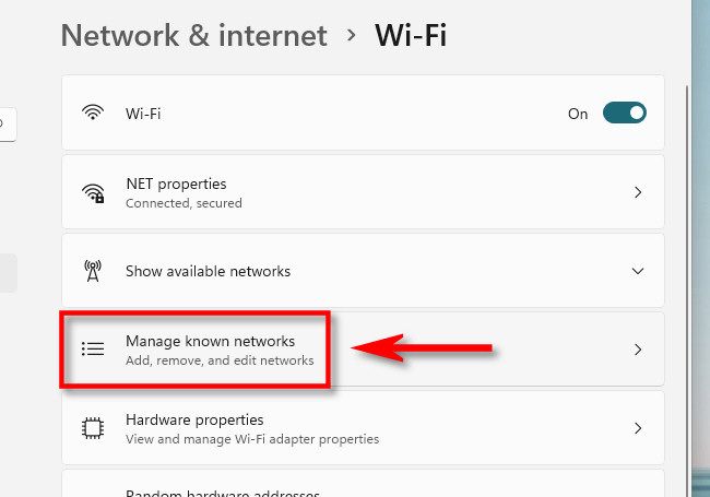 Click "Manage Known Networks."