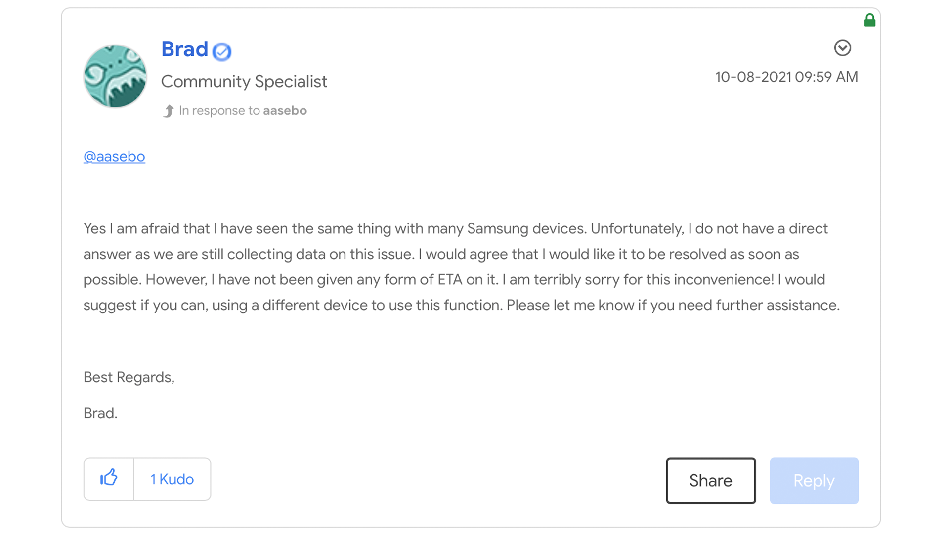 A screenshot from an October 2021 Google Support thread explaining that Google is &quot;investigating the issue&quot; between Samsung and Nest devices.