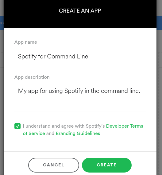 Enter a name and description in the "Create App" dialog.