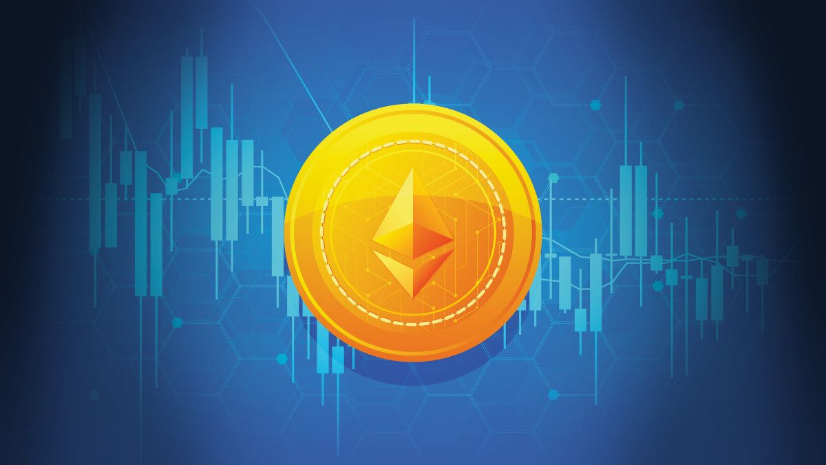 An illustration of an Ethereum coin on a blue background