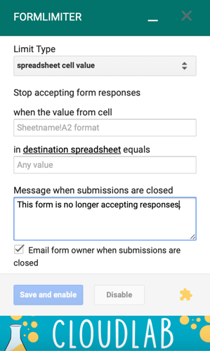 formLimiter Spreadsheet Cell Value
