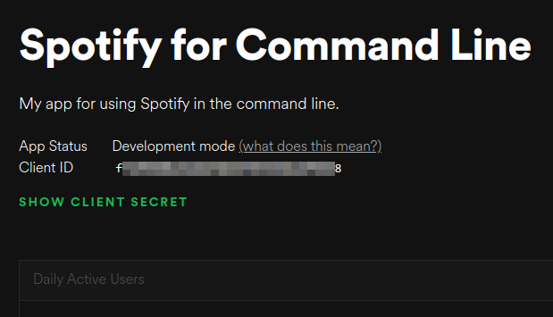 Client ID and client secret button in Spotify app overview.