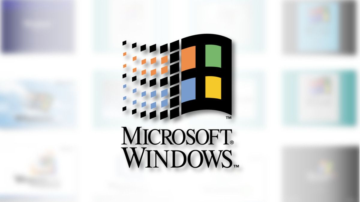 A historic Microsoft Windows logo in front of older Windows splash screens