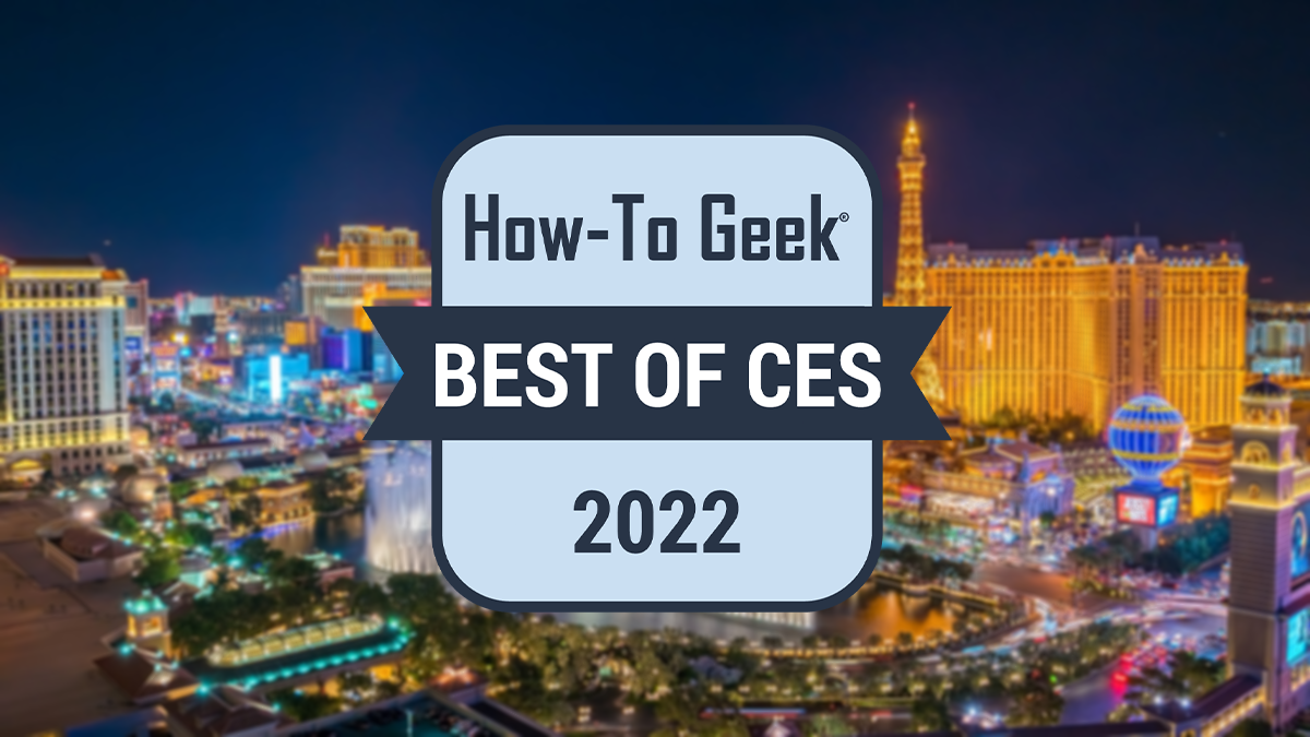 How-To Geek's Best of CES 2022 logo over the Las Vegas strip