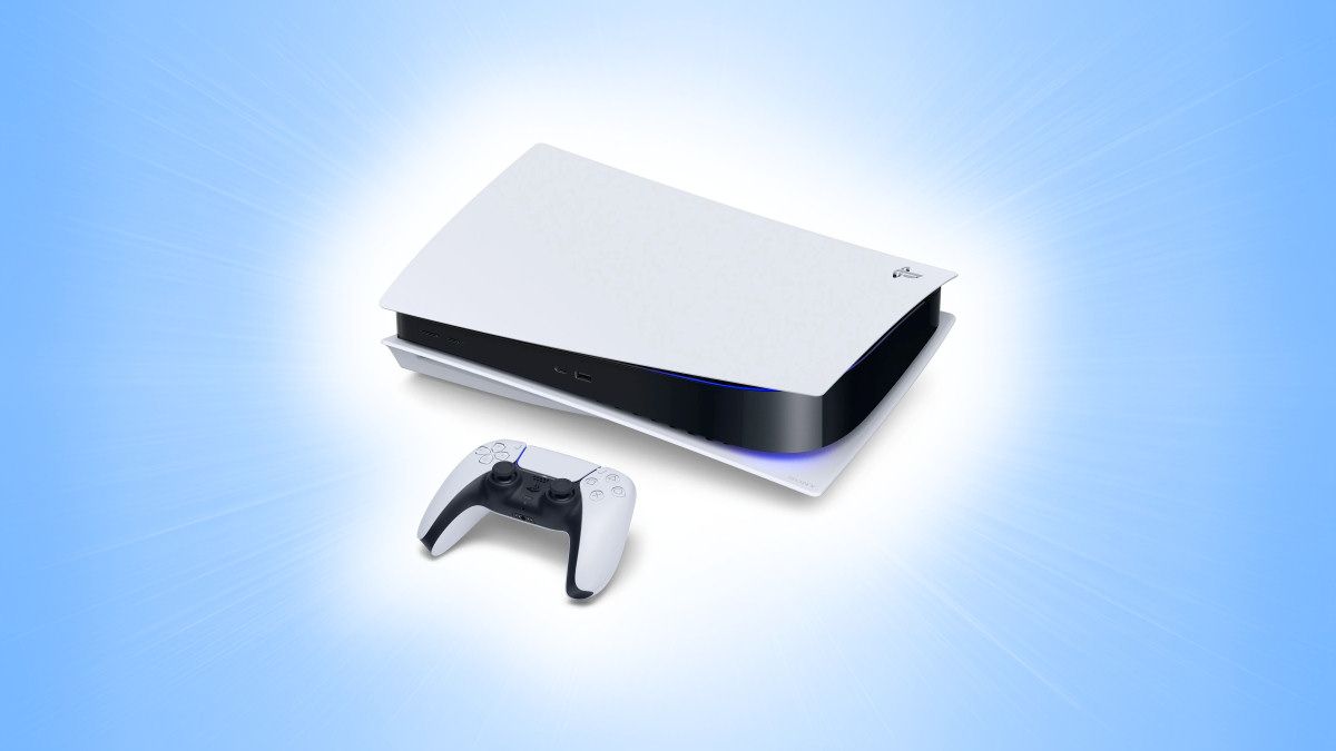 A Sony PlayStation 5 (PS5) console on a blue background