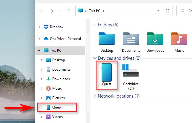 You'll see the Quest in your "This PC" under File Explorer.