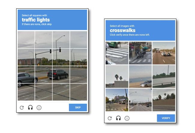 Two reCAPTCHA vision challenge examples.