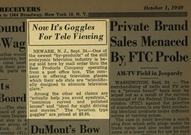 "Now it's Goggles for Tele Viewing" article in Billboard magazine, October 1, 1949.