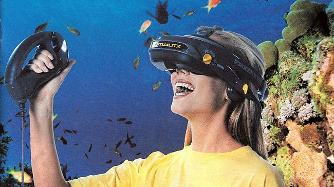 A woman using a Virtuality headset in the 1990s.