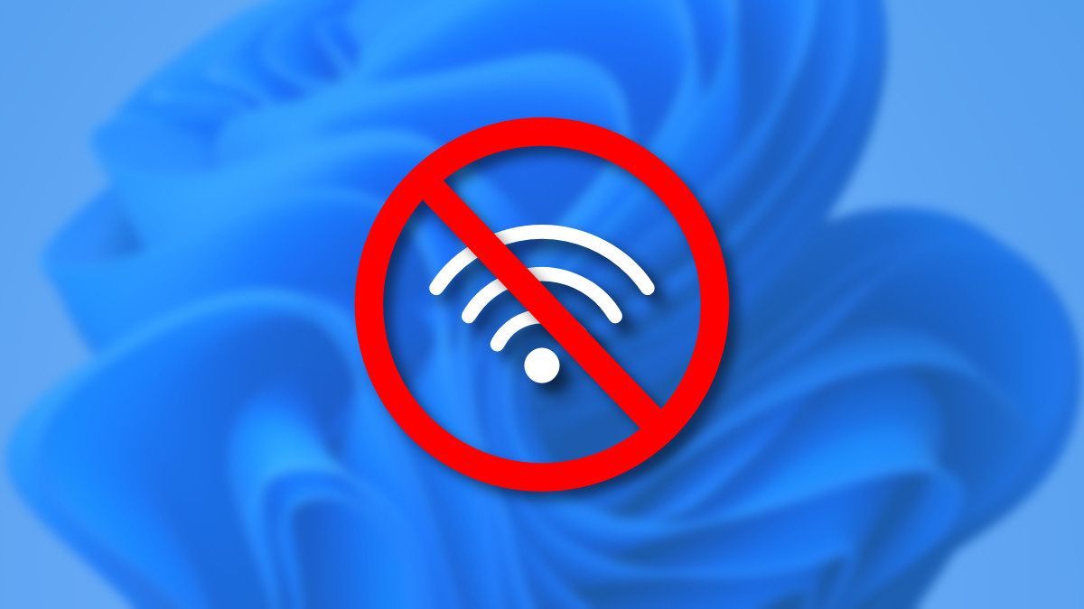 A crossed-out Windows 11 Wi-Fi icon on a blue background.