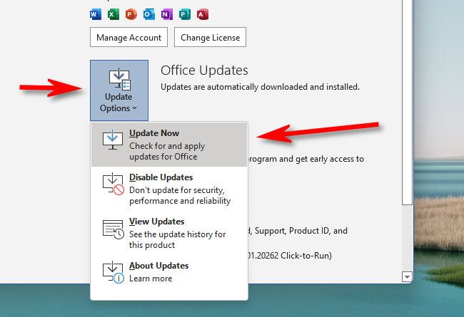 Click "Office Updates," then select "Update Now."