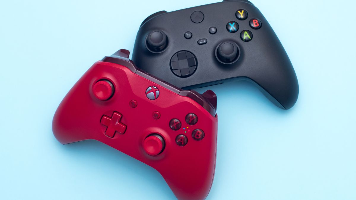 Red and black Xbox Series X|S controllers.