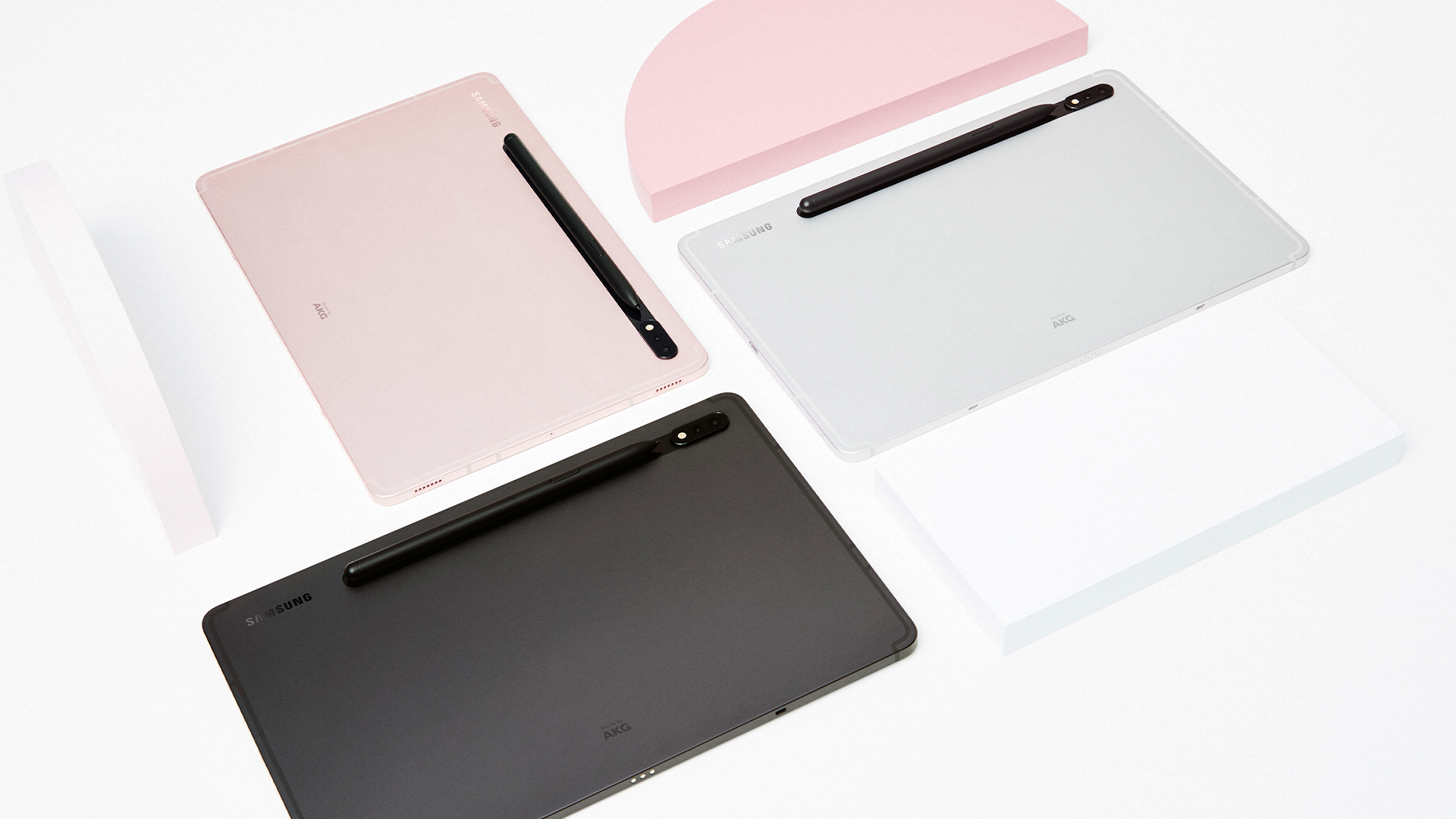 The Galaxy Tab S8 in black, pink, and green