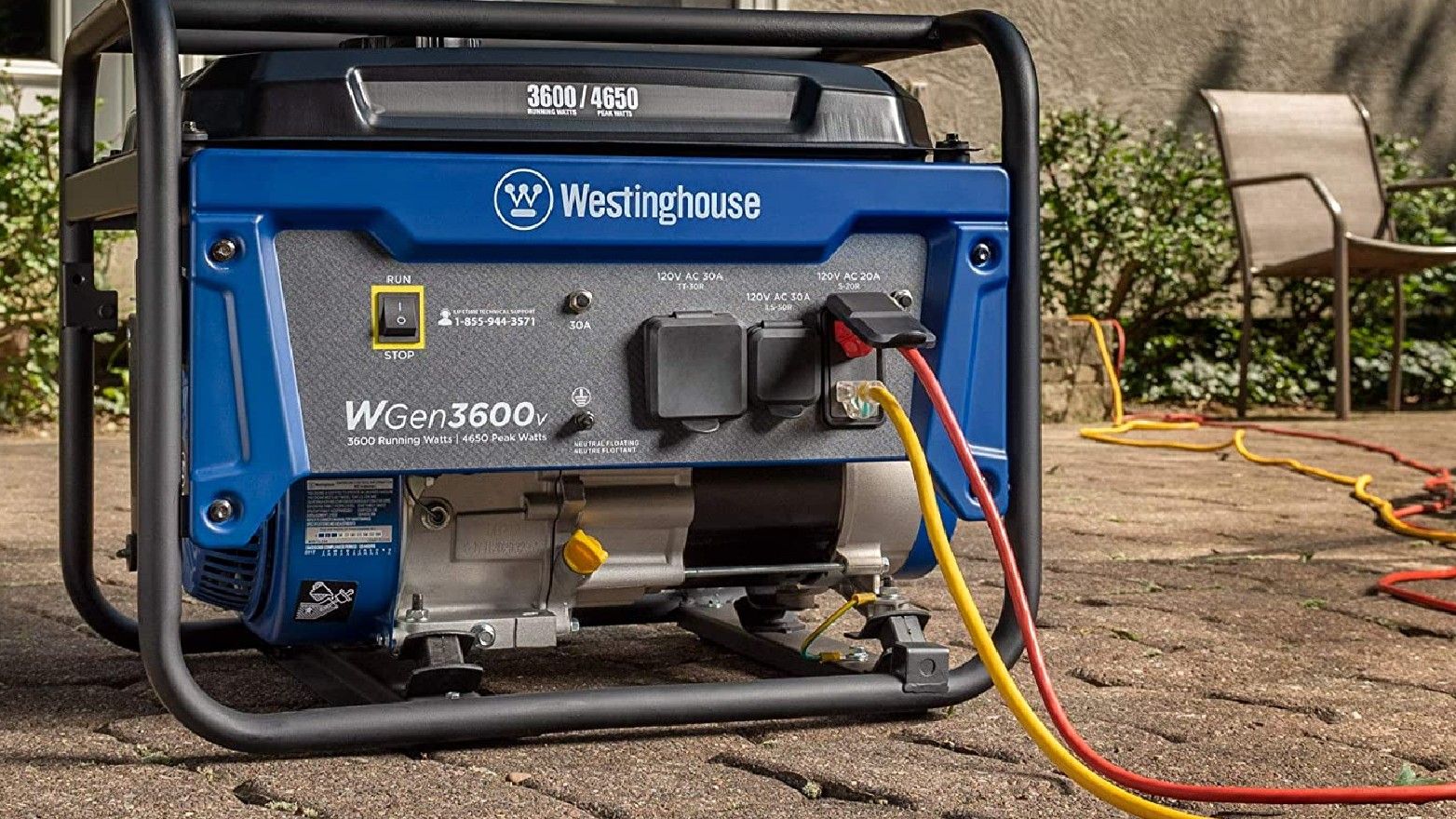 A Westinghouse generator with power leads plugged into it