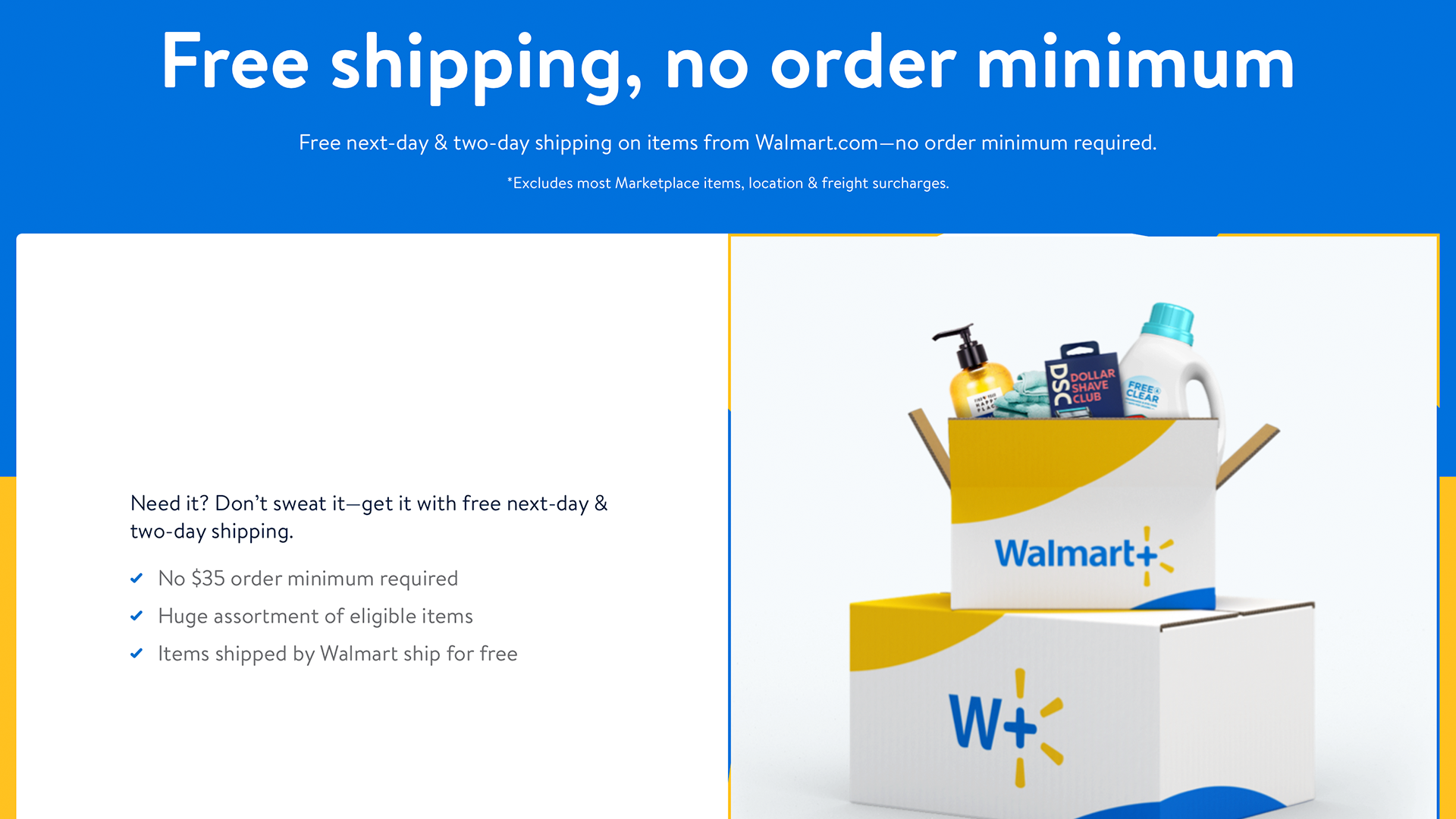 A banner showing how Walmart+ gets you free shipping.