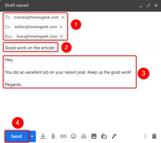 Compose and send an email in Gmail on desktop.
