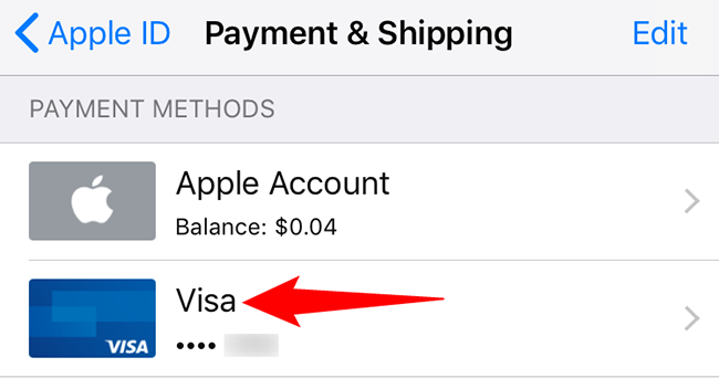 Tap the payment method to remove.