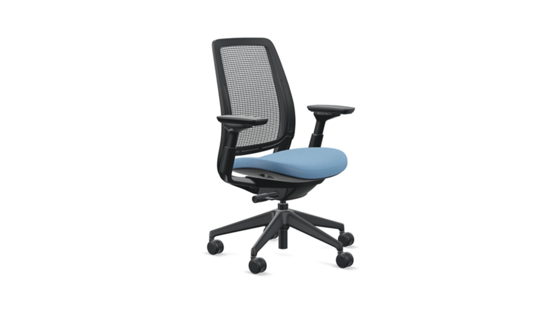 The Steelcase Series 2 ergonomic chair with blue upholstery tilted slightly to the right.