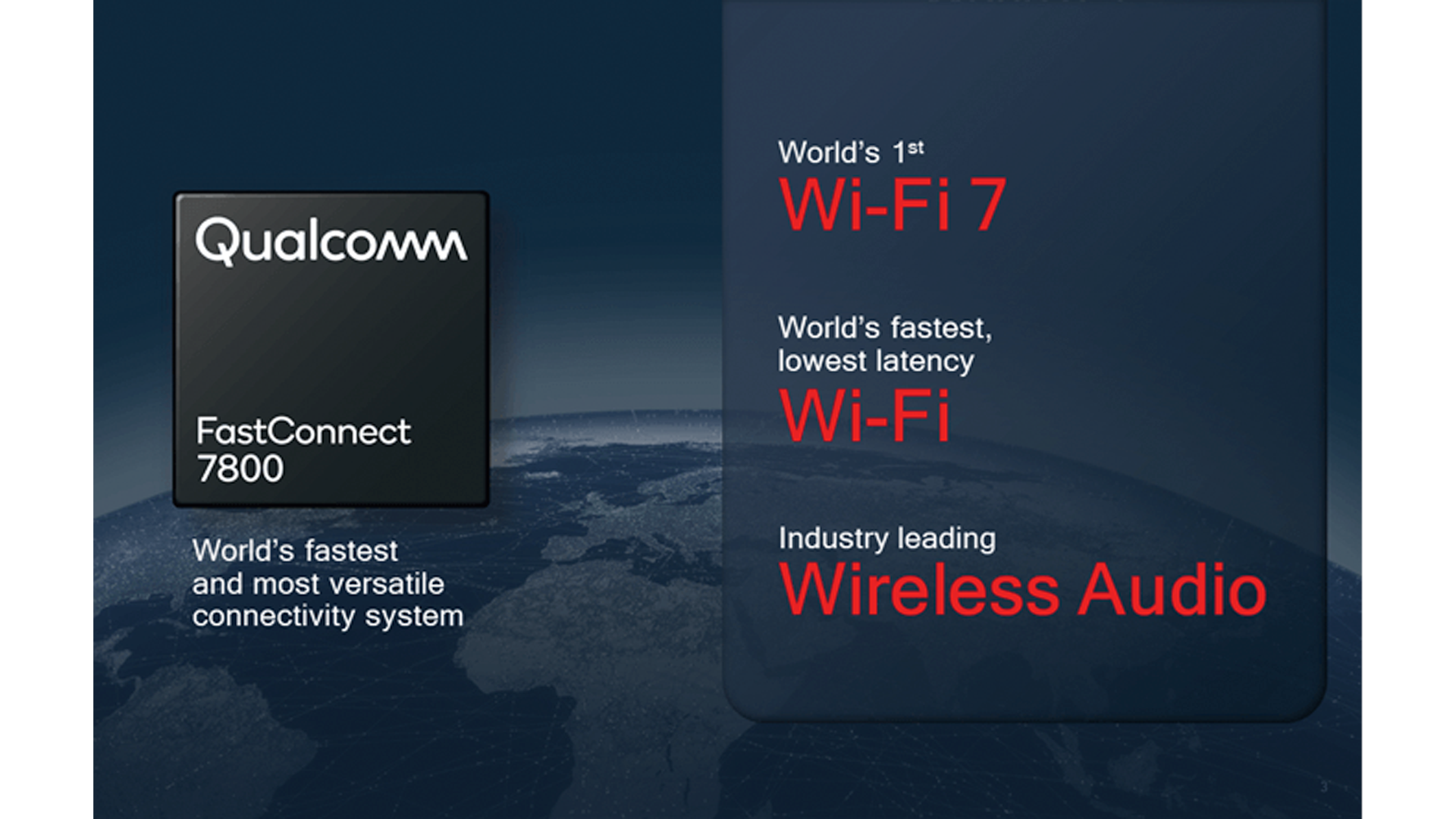 A chart explaining the Qualcomm Fastconnect 7800 platform's capabilities, including Wi-Fi 7 and low-latency Bluetooth.