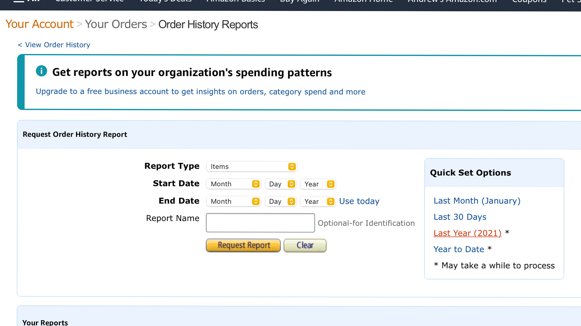 The Amazon Order Reports page.