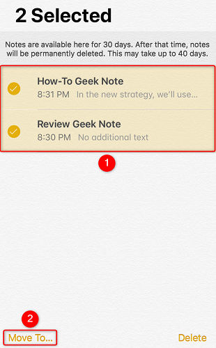 Select notes and tap "Move To."