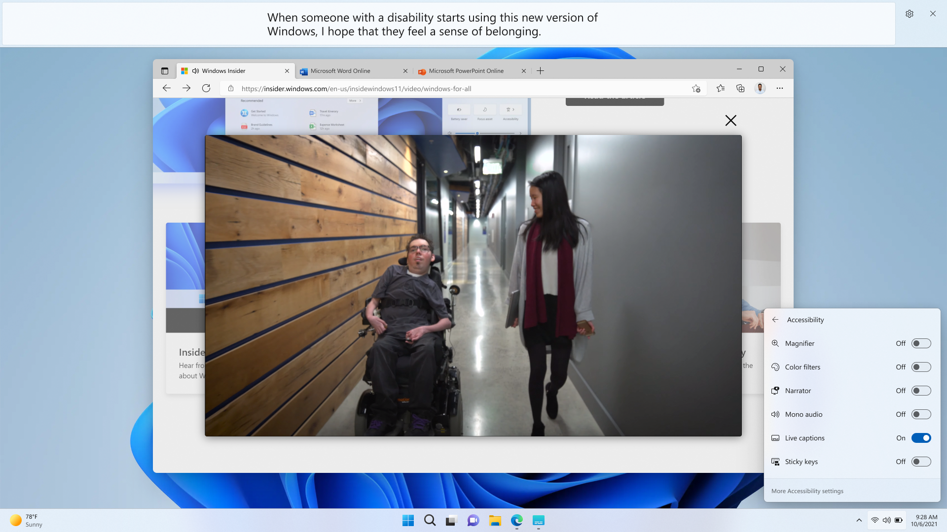 Live Captions in Windows 11. The captions appear at the top of the screen, above the video.