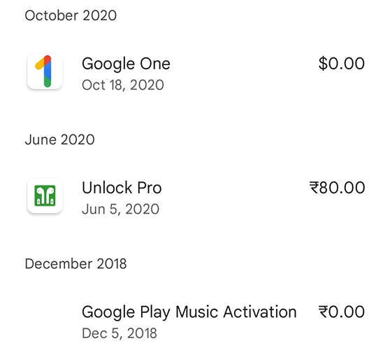Purchase history on Google Play on Android.