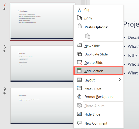 Add Section in shortcut menu in PowerPoint on Windows